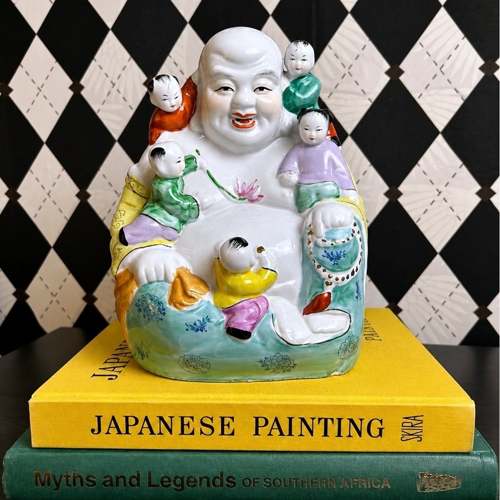 Large Laughing Buddha Vintage Chinese Famille Rose 5 Children Figurine Porcelain